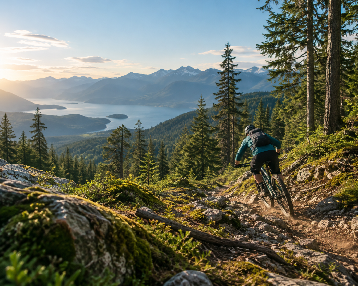 Mountain biker descending a forest trail